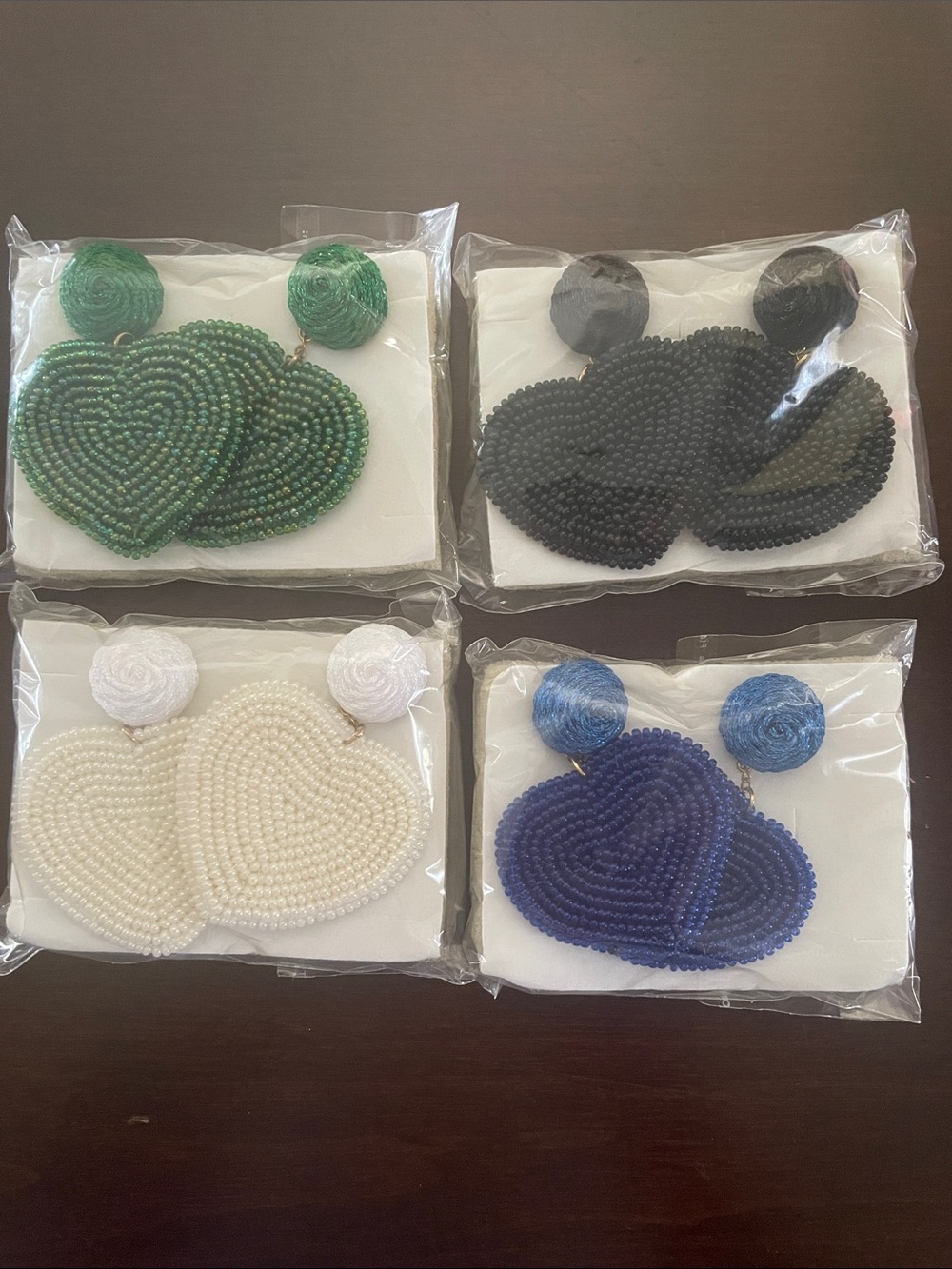 Beaded Heart Drop Earrings - Green, Black, White, Blue (Set of 4)